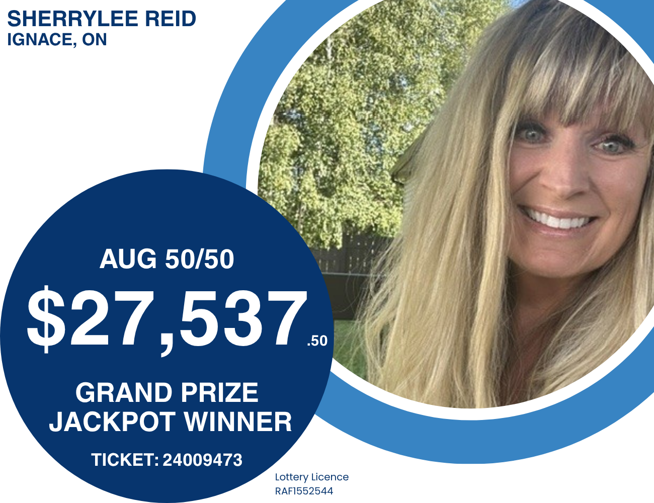 Sherrylee Reid from Ignace pictured as August 2026 50/50 Winner
